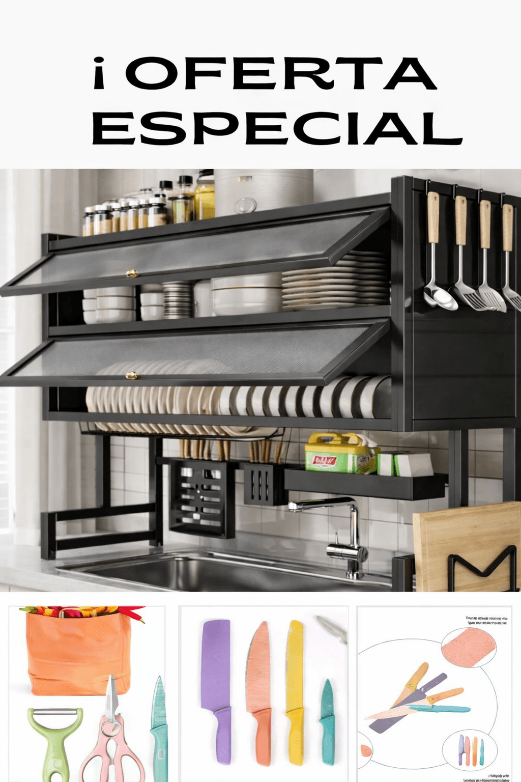 Escurridor De Platos Doble Tapa 65cm mas obsequio Set de cuchillos GRATIS